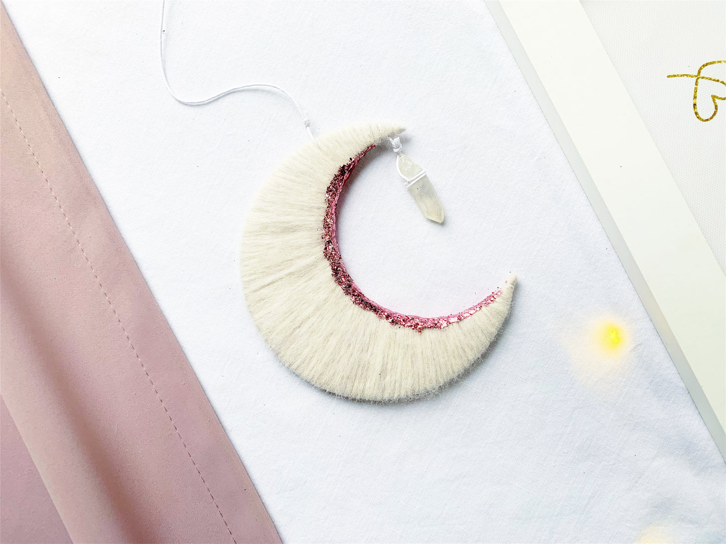 White & Pink Crescent Moon Wall Hanging with Crystal Quartz