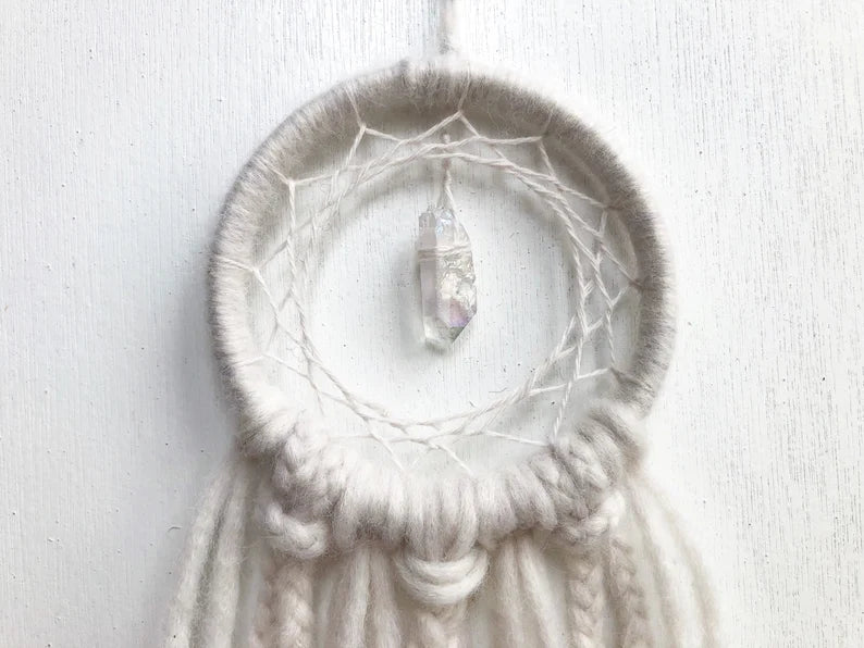 Small White Dream Catcher with Aura Quartz Crystal