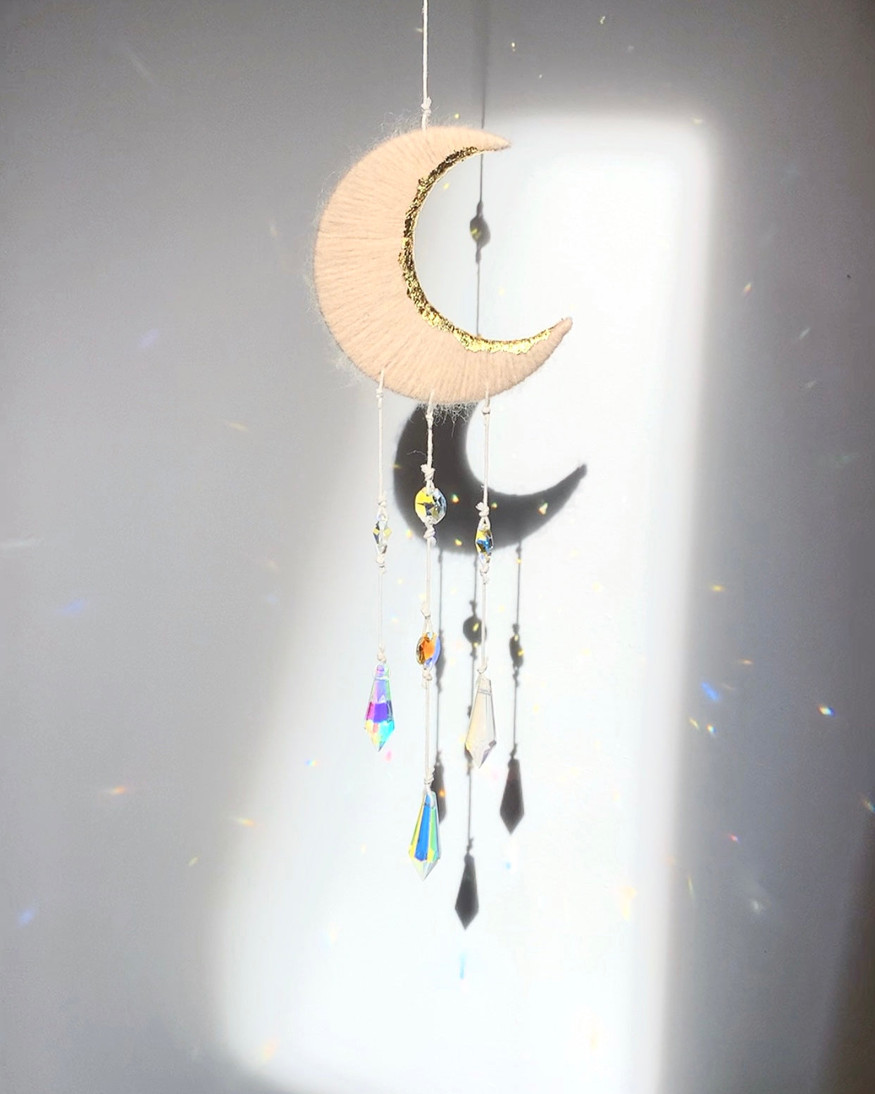 Moon suncatcher with crystals in wheat and gold