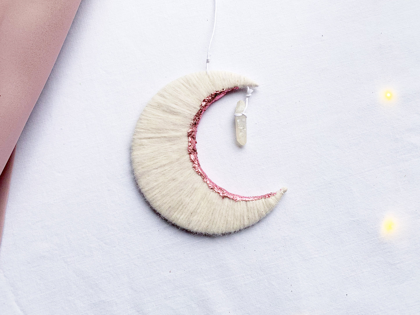 White & Pink Crescent Moon Wall Hanging with Crystal Quartz