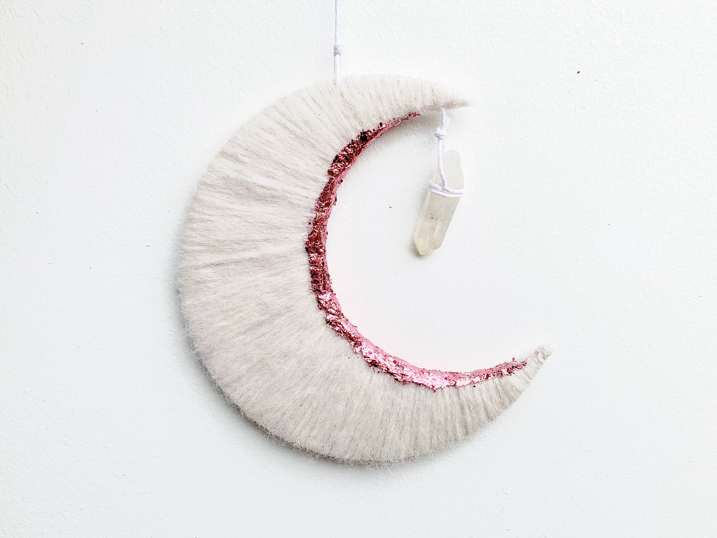 White & Pink Crescent Moon Wall Hanging with Crystal Quartz