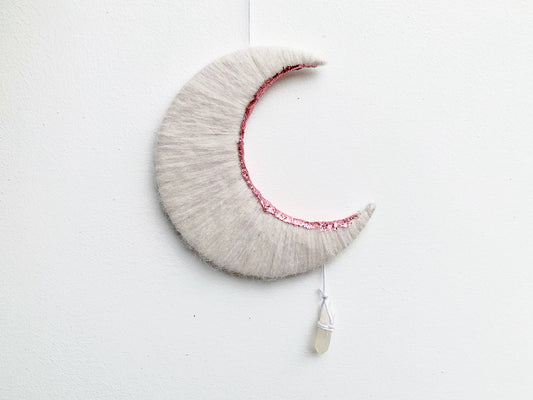 White & Pink Crescent Moon Wall Hanging with Crystal Quartz