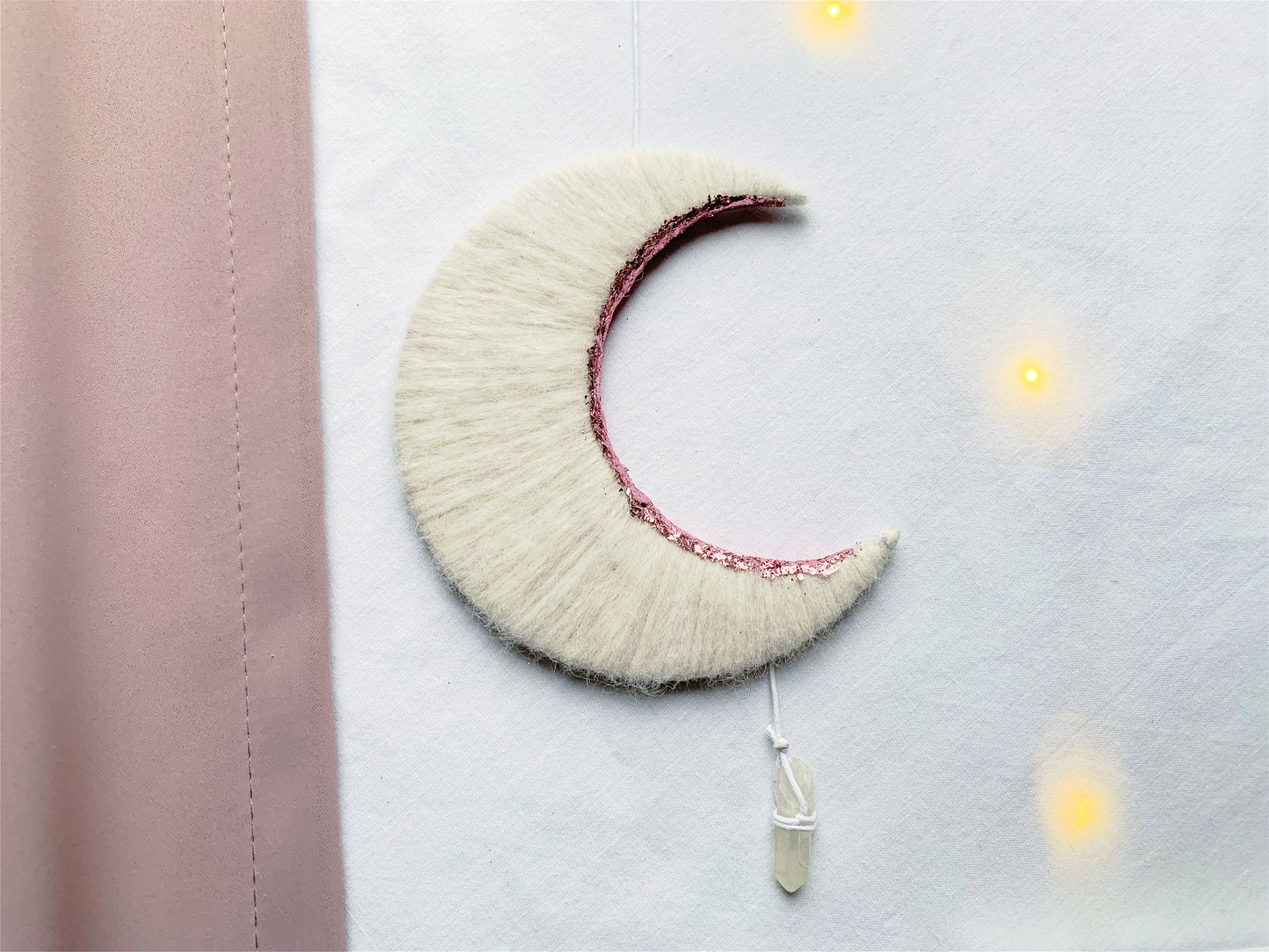 White & Pink Crescent Moon Wall Hanging with Crystal Quartz