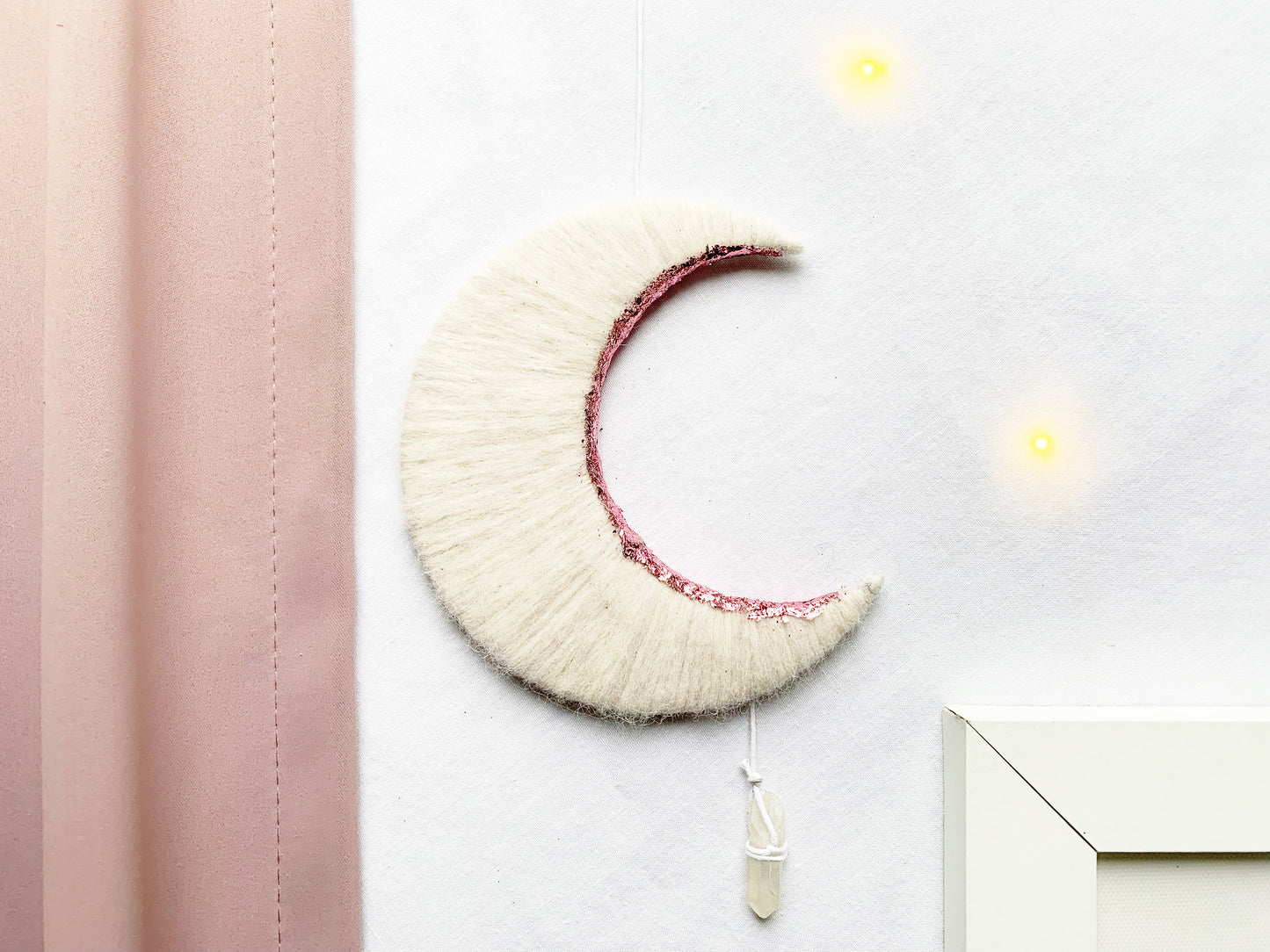 White & Pink Crescent Moon Wall Hanging with Crystal Quartz