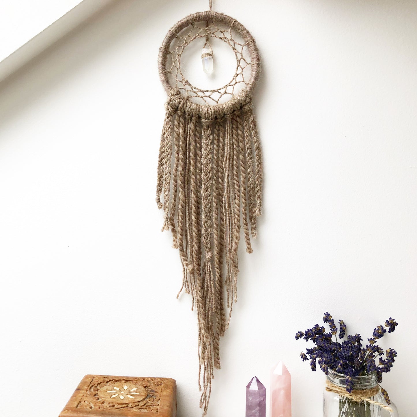 Unique Handmade DreamCatcher with Crystal, Taupe Neutral